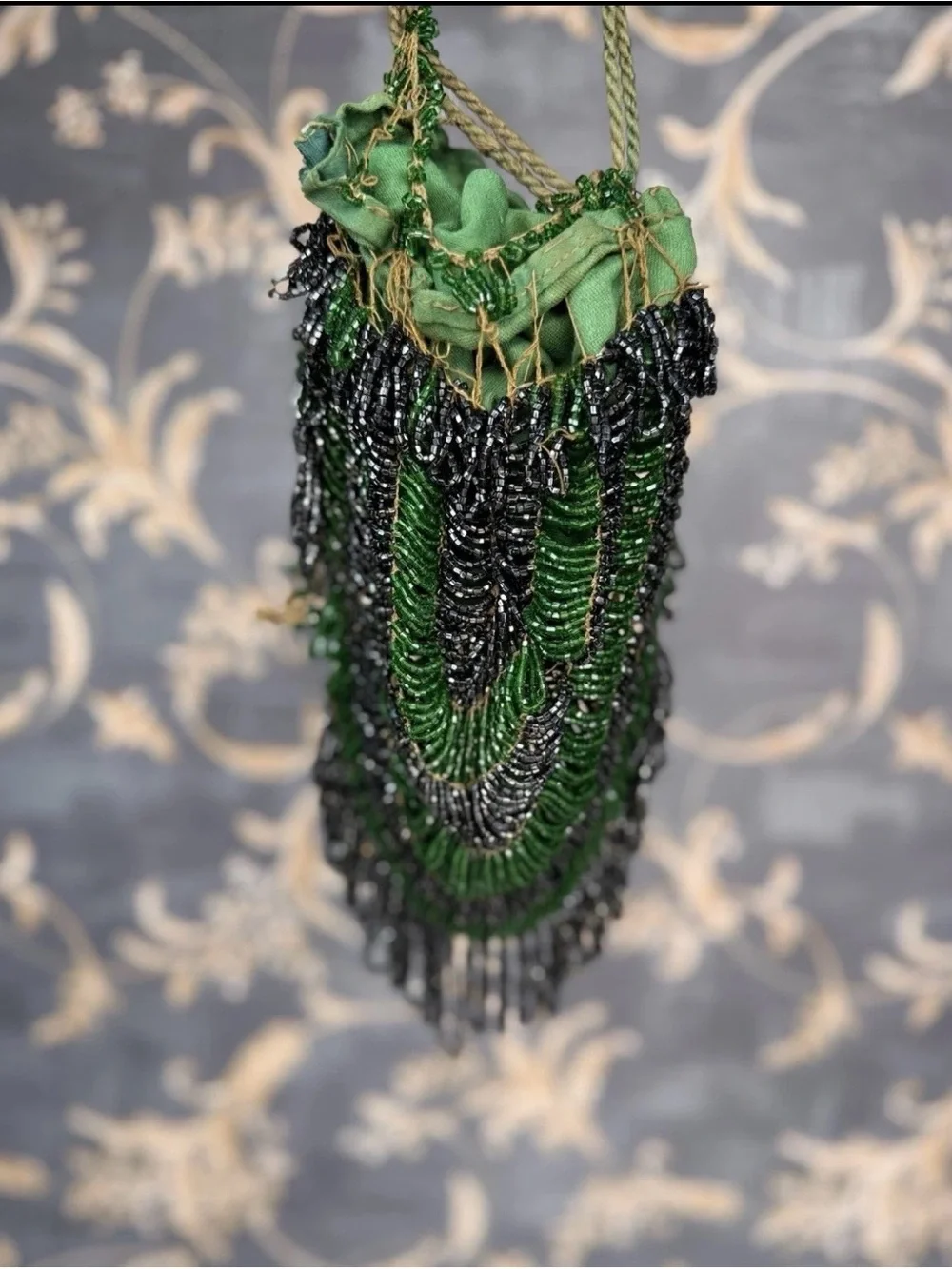 Vintage Green Black Micro Beaded Drawstring Purse Fringe Deco Style
